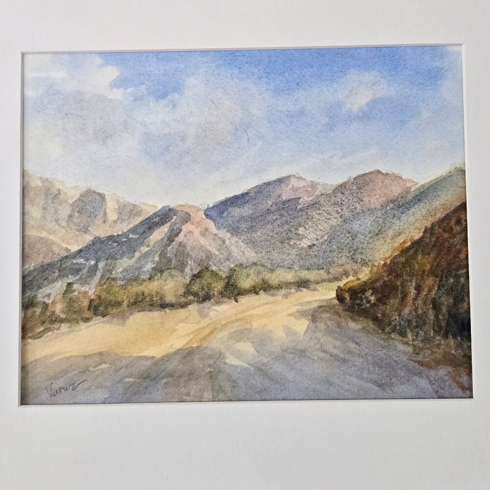 Original Watercolor Mountain Landscape Painting Framed With Mat